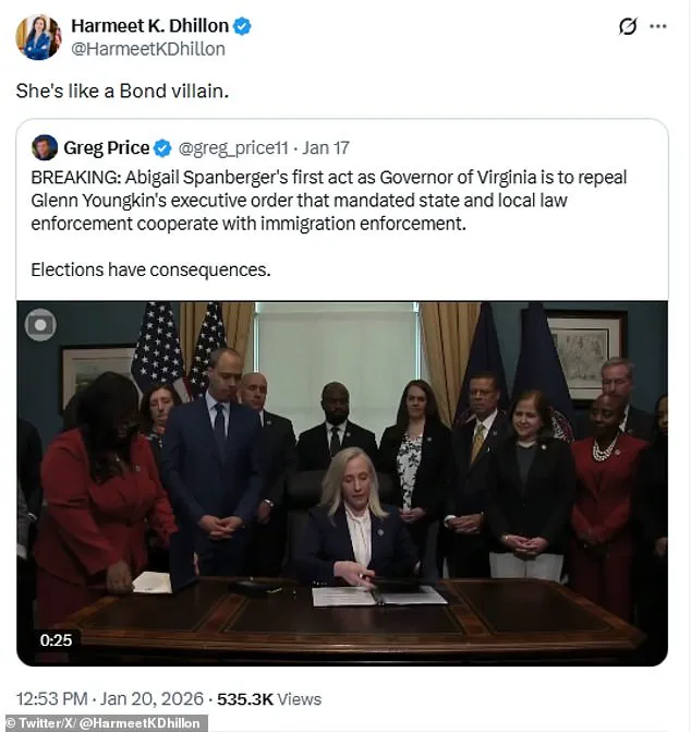 Governor Abigail Spanberger's Controversial Executive Orders Spark Debate, Drawing Comparisons to 'Bond Villain' Tactics